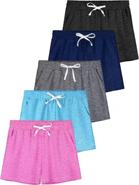 5 Pack Girls Athletic Shorts Girls Soccer Running Performance Active Dry-Fit Sports Basketball Shorts with Drawstring Pocket