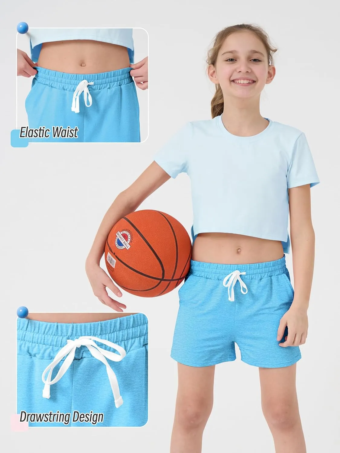 5 Pack Girls Athletic Shorts Girls Soccer Running Performance Active Dry-Fit Sports Basketball Shorts with Drawstring Pocket