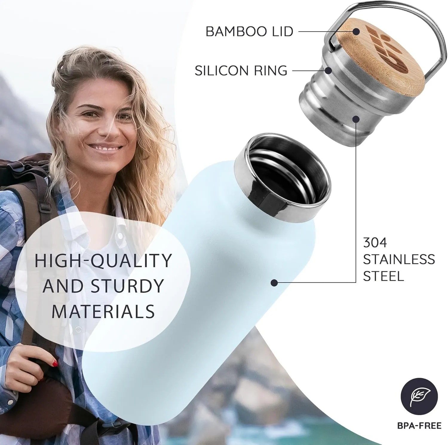 Bambaw Insulated Water Bottle 350ml, Light Blue Water Bottle, Stainless Steel Water Bottle, Leakproof Water Bottle, Small Water Bottle, Metal Water Bottle, Hiking Water Bottle - Ice Blue