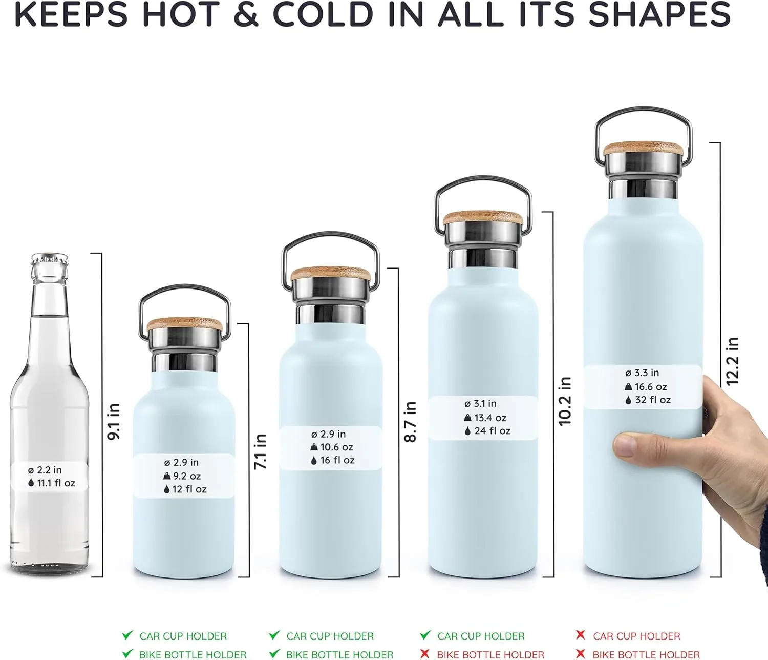 Bambaw Insulated Water Bottle 350ml, Light Blue Water Bottle, Stainless Steel Water Bottle, Leakproof Water Bottle, Small Water Bottle, Metal Water Bottle, Hiking Water Bottle - Ice Blue