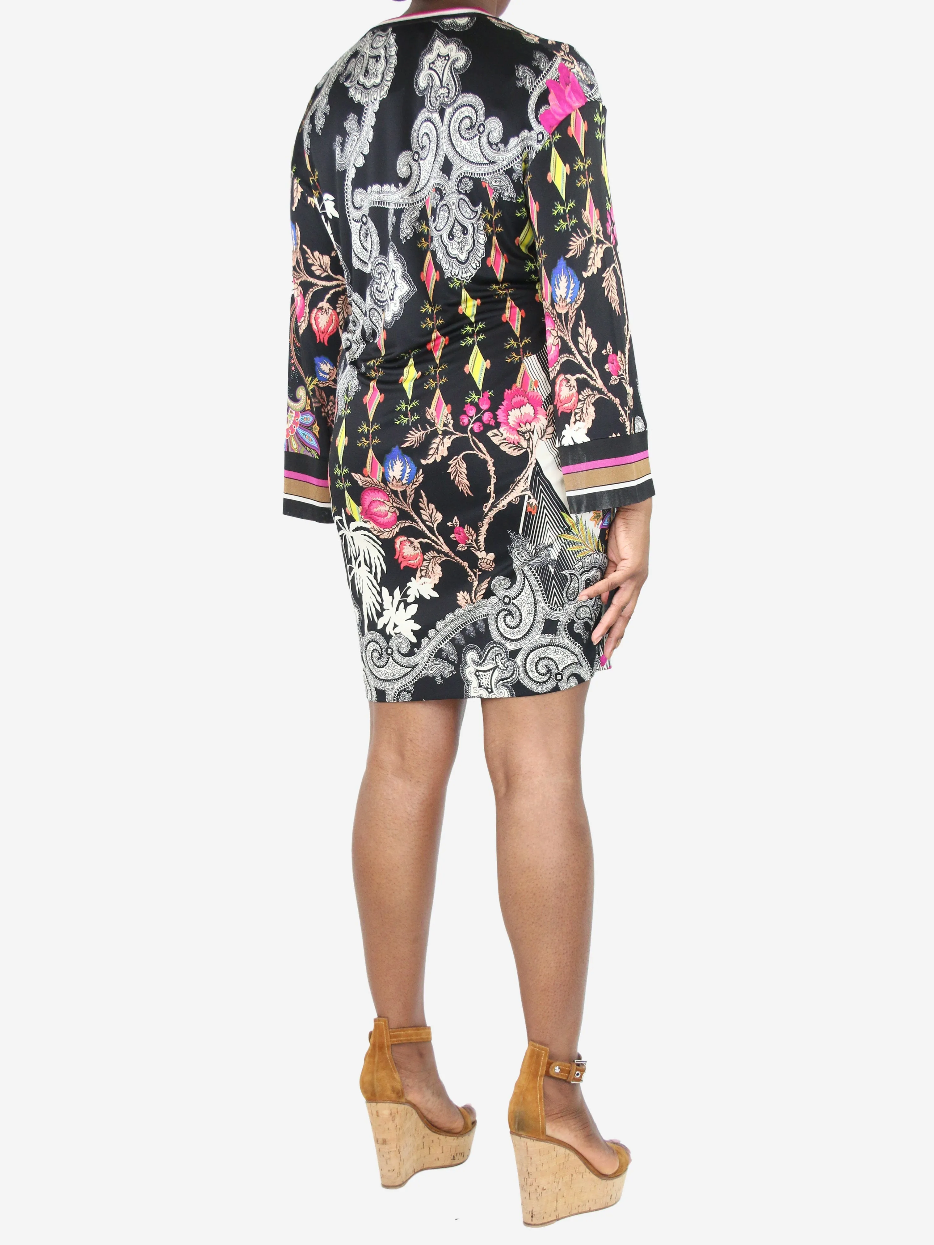 Black floral printed midi dress - size UK 12