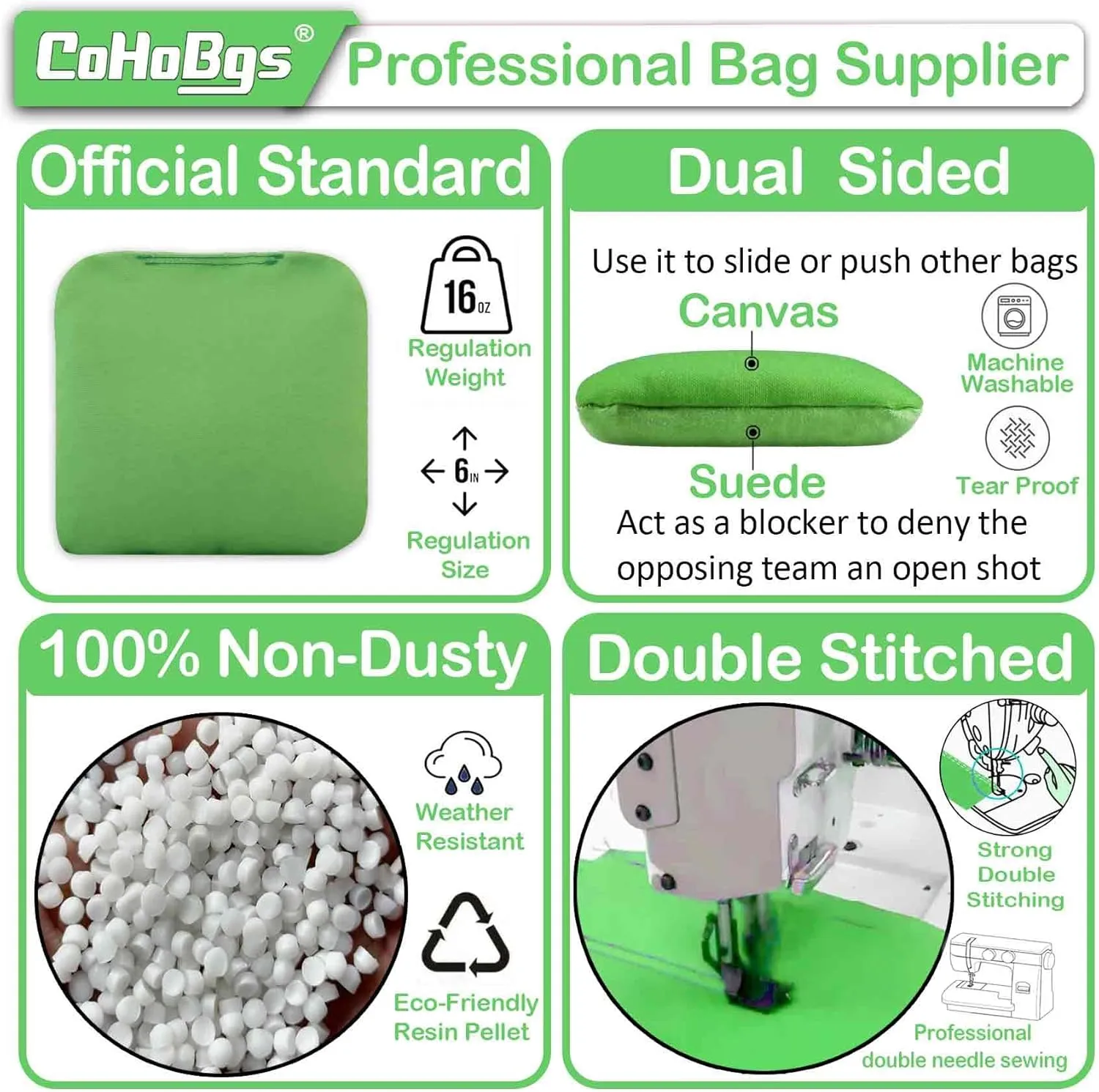 CoHoBgs Corn Hole Bags Set 8, Professional Cornhole Bags Dual-Sided Slick & Stick Resin Filled Suede and Duck Canvas Bean Bags for Cornhole Game Includes Carry Case