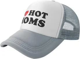 I Love Heart Hot Moms Funny Adjustable Mesh Trucker Hat for Adults Unisex Classic Hats Fishing Caps Black