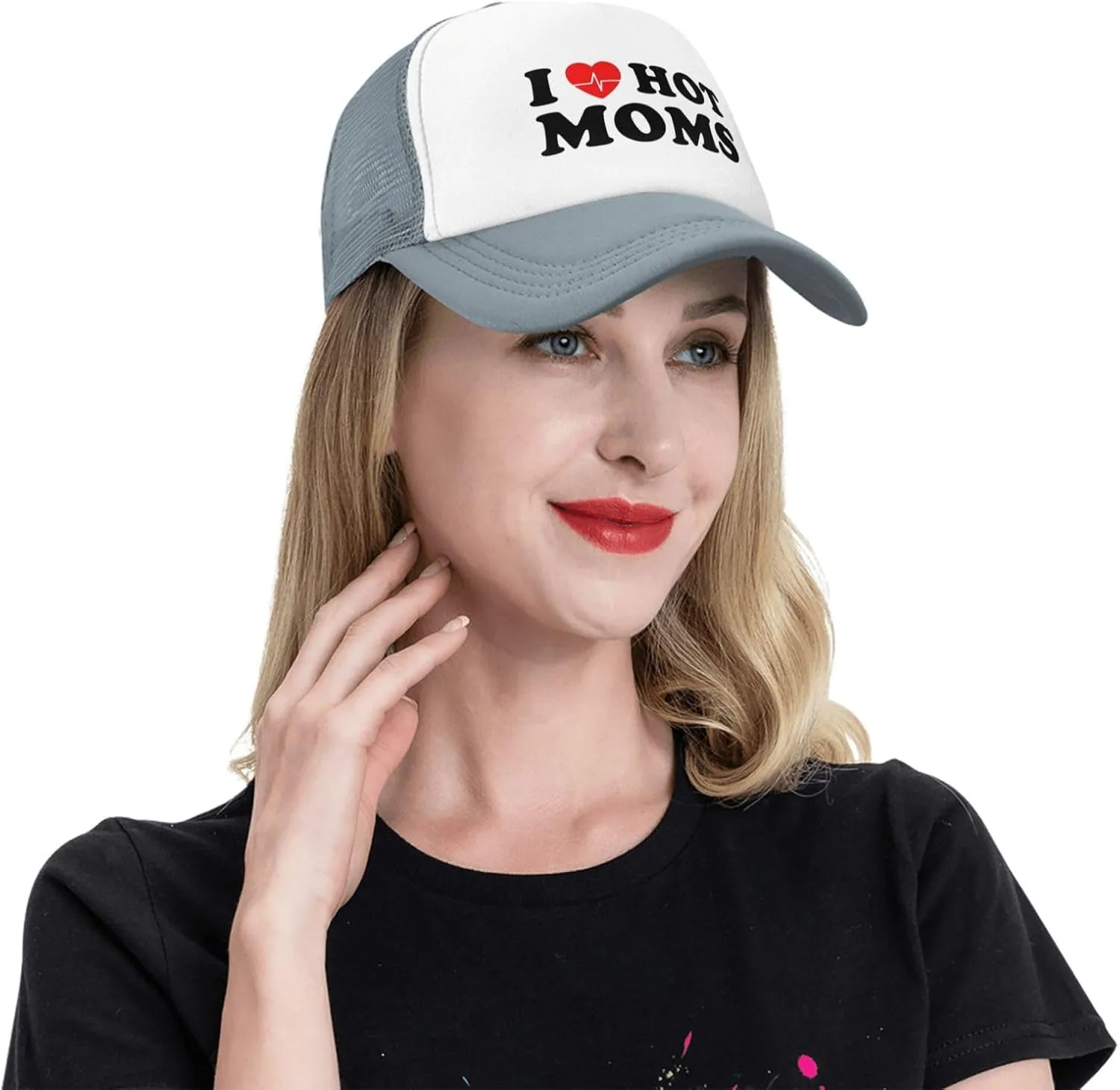 I Love Heart Hot Moms Funny Adjustable Mesh Trucker Hat for Adults Unisex Classic Hats Fishing Caps Black