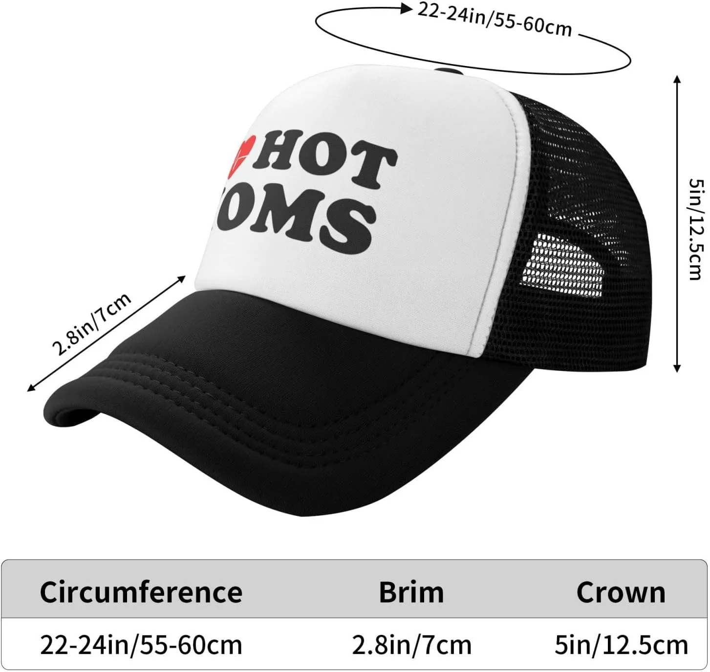 I Love Heart Hot Moms Funny Adjustable Mesh Trucker Hat for Adults Unisex Classic Hats Fishing Caps Black