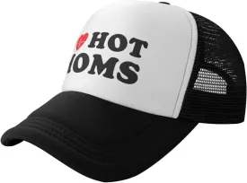 I Love Heart Hot Moms Funny Adjustable Mesh Trucker Hat for Adults Unisex Classic Hats Fishing Caps Black