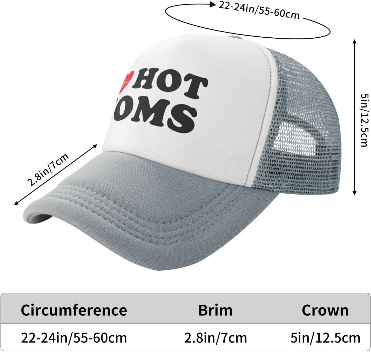I Love Heart Hot Moms Funny Adjustable Mesh Trucker Hat for Adults Unisex Classic Hats Fishing Caps Black