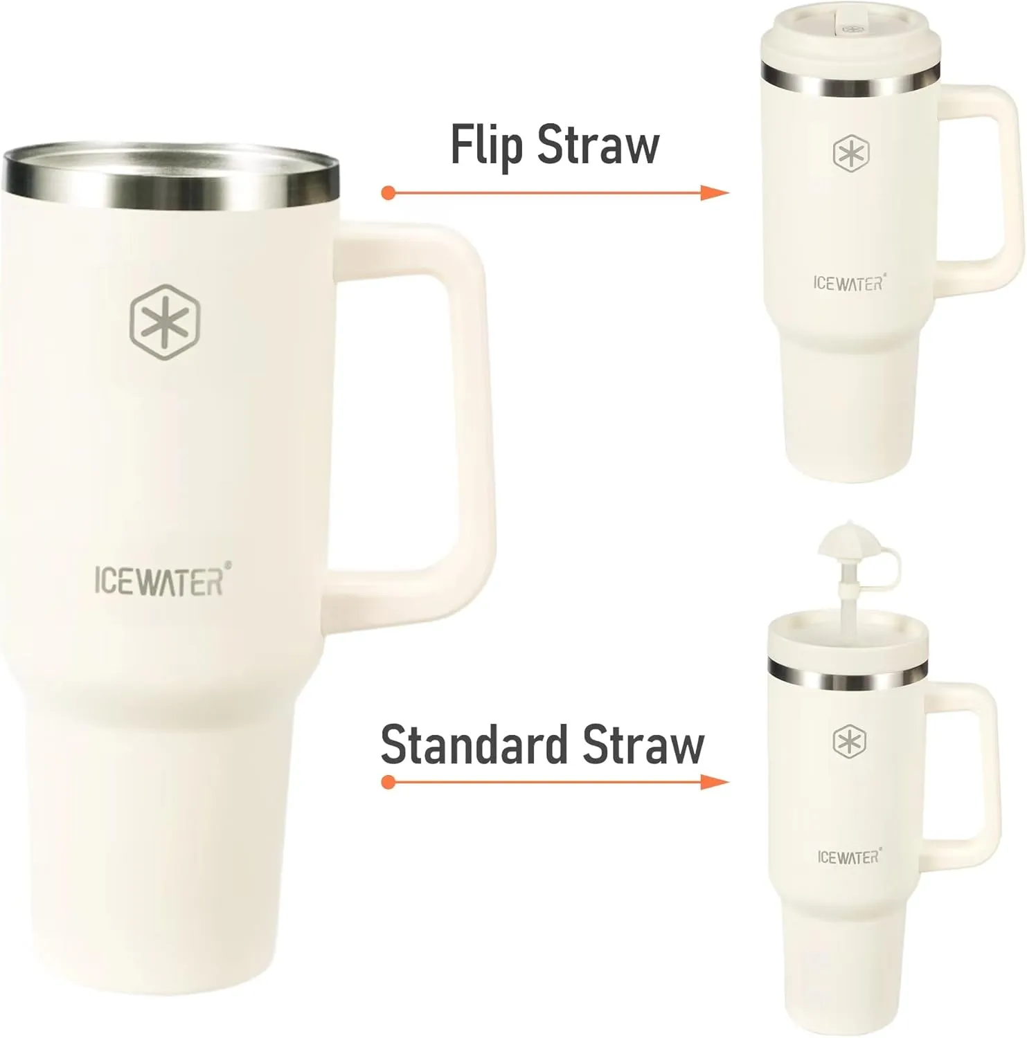 ICEWATER 40 oz Tumbler with 2 Lids (Flip & Standard Straw),100% Leak Proof Insulated Tumbler with Handle, Cup Holder Friendly, Stainless Steel Water Bottle, Gifts for Women & Men (Cream)