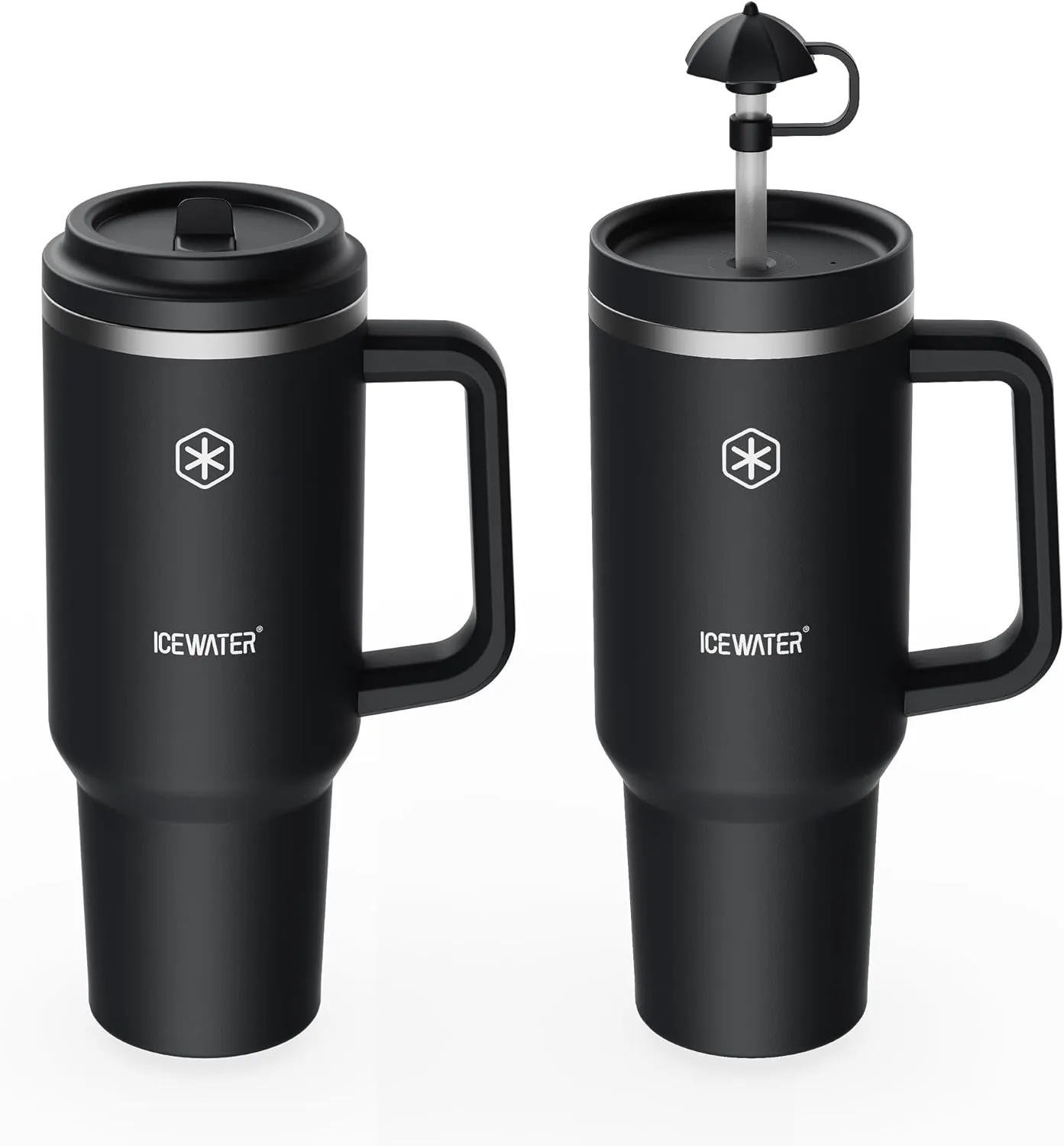 ICEWATER 40 oz Tumbler with 2 Lids (Flip & Standard Straw),100% Leak Proof Insulated Tumbler with Handle, Cup Holder Friendly, Stainless Steel Water Bottle, Gifts for Women & Men (Midnight Black)