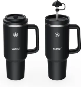 ICEWATER 40 oz Tumbler with 2 Lids (Flip & Standard Straw),100% Leak Proof Insulated Tumbler with Handle, Cup Holder Friendly, Stainless Steel Water Bottle, Gifts for Women & Men (Midnight Black)