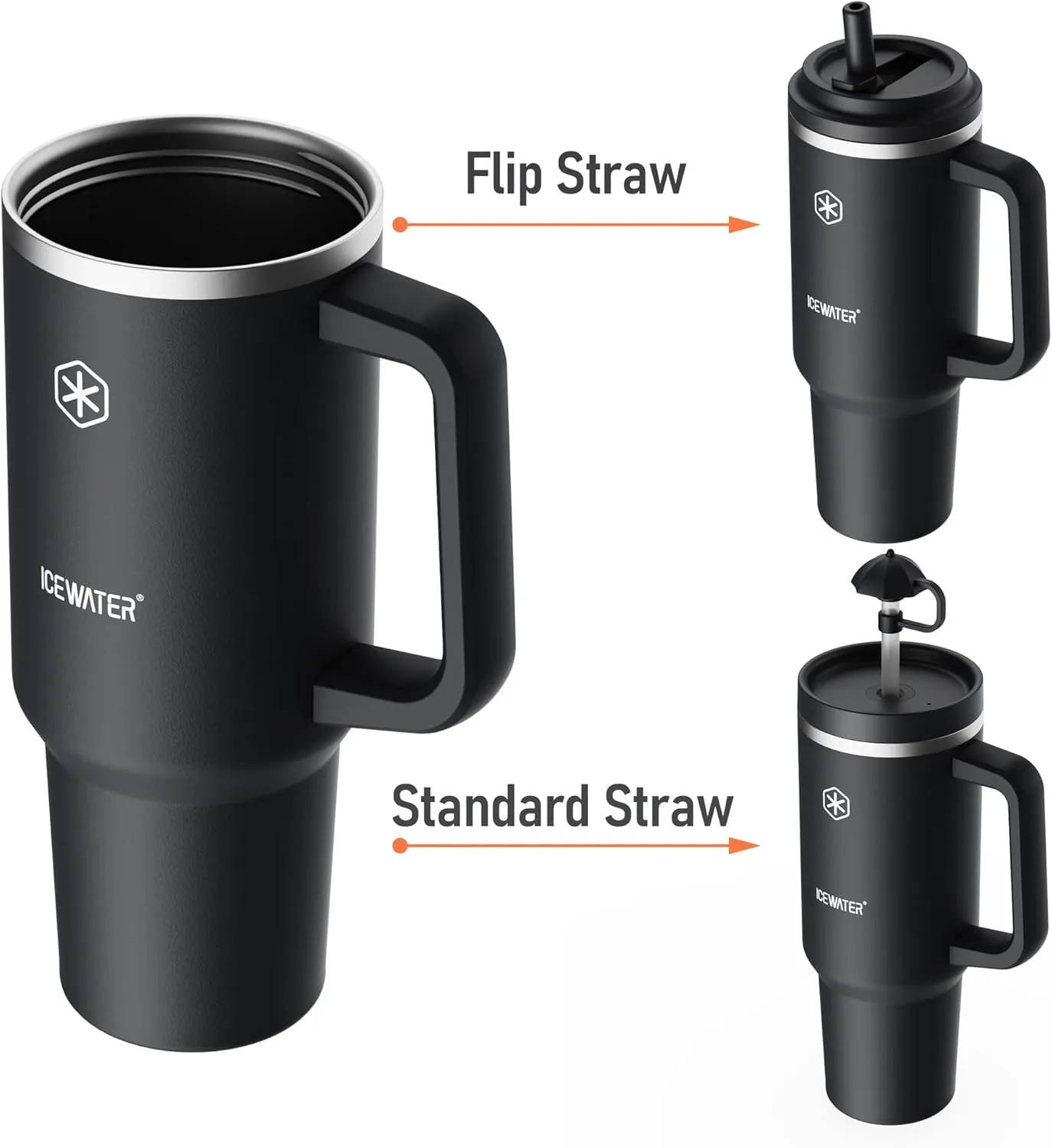 ICEWATER 40 oz Tumbler with 2 Lids (Flip & Standard Straw),100% Leak Proof Insulated Tumbler with Handle, Cup Holder Friendly, Stainless Steel Water Bottle, Gifts for Women & Men (Midnight Black)