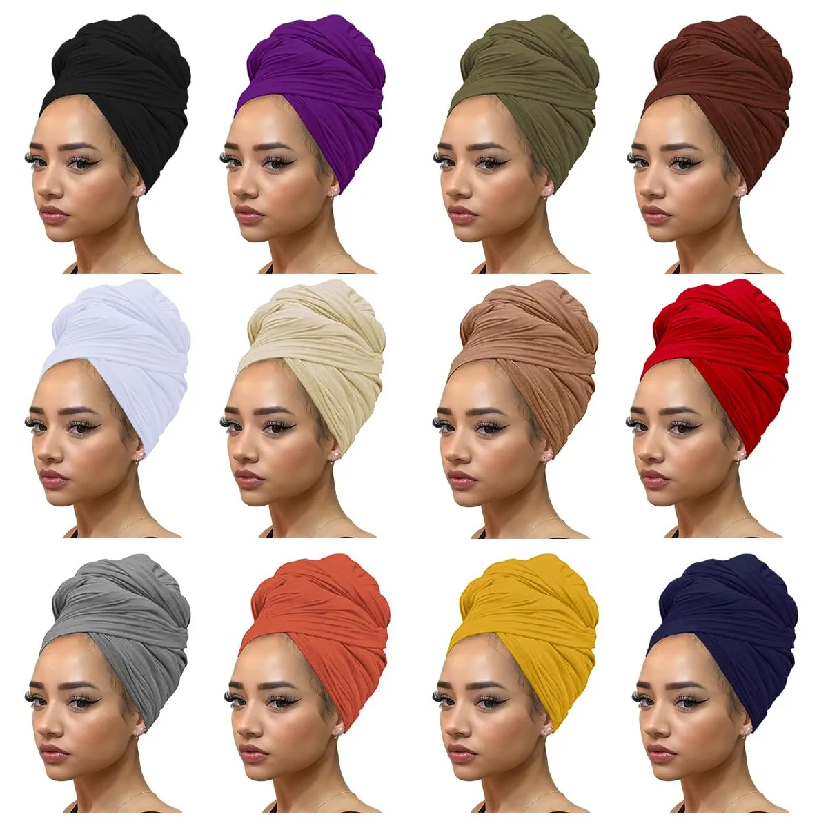 Kachanaa 12 Pieces Stretch Head Scarfs Headbands for Muslim Soft Breathable Head Wraps Turbans Long Hair Hijab Scarves for Women