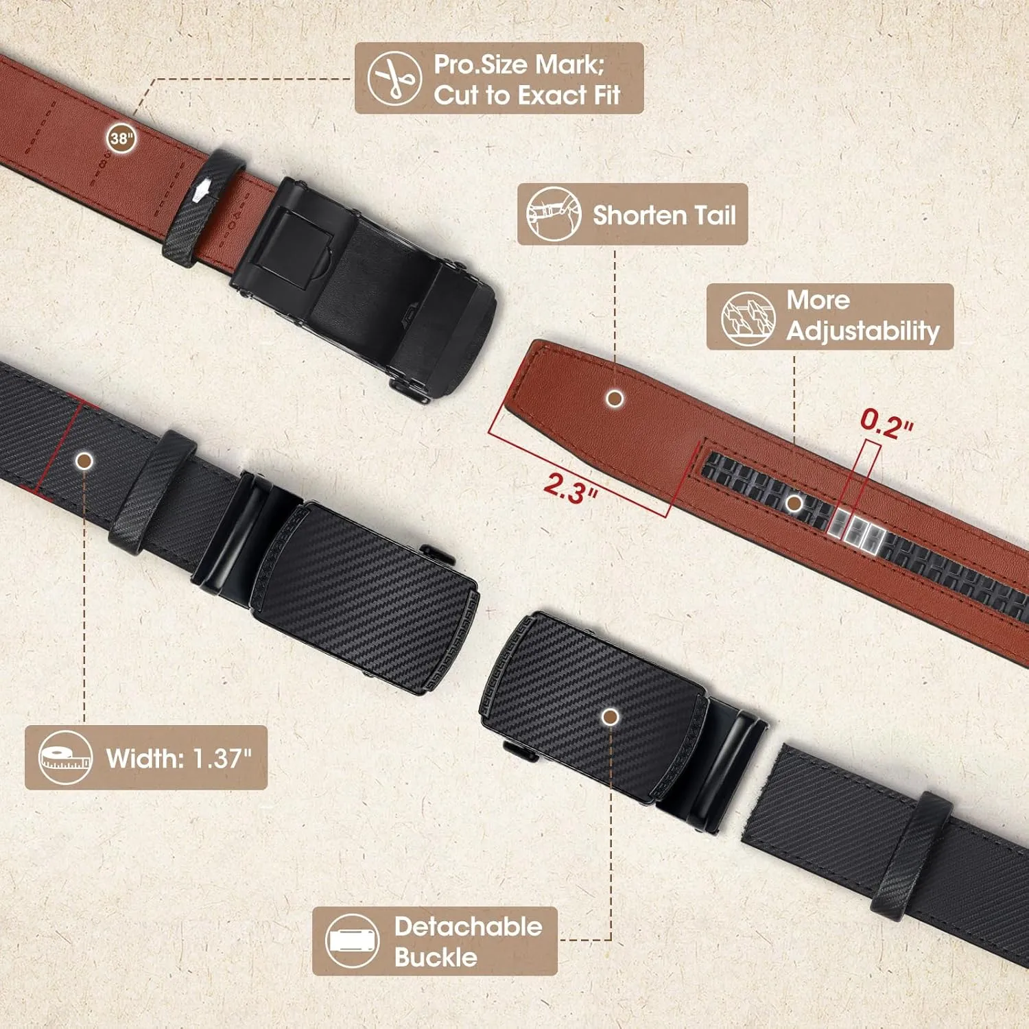 NUBILY Mens Belt Ratchet Leather Belts for Men Adjustable 1 3/8" Men's Belts for Dress Casual with Gift Box, Trim to Fit