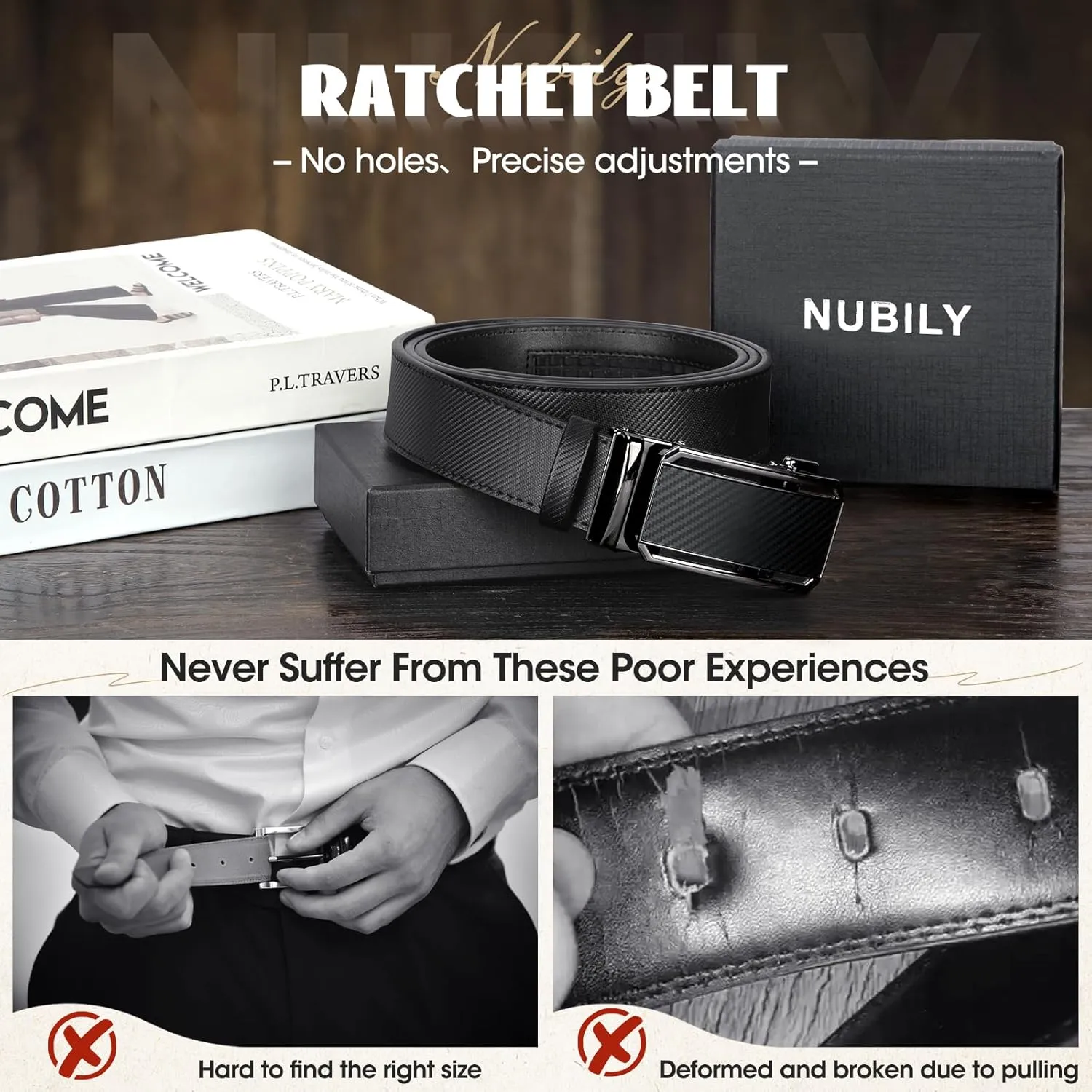 NUBILY Mens Belt Ratchet Leather Belts for Men Adjustable 1 3/8" Men's Belts for Dress Casual with Gift Box, Trim to Fit