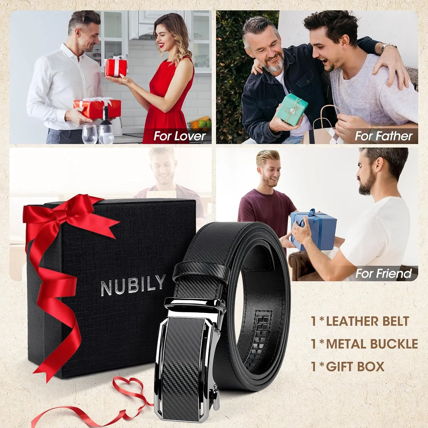 NUBILY Mens Belt Ratchet Leather Belts for Men Adjustable 1 3/8" Men's Belts for Dress Casual with Gift Box, Trim to Fit
