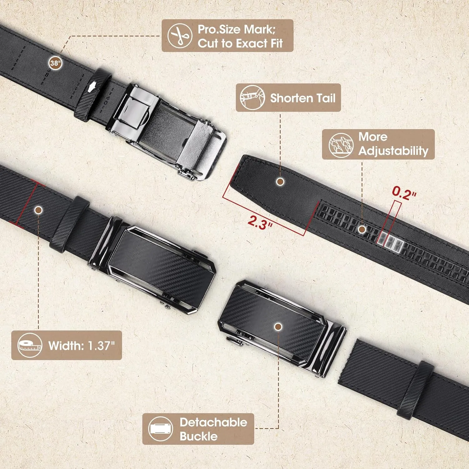 NUBILY Mens Belt Ratchet Leather Belts for Men Adjustable 1 3/8" Men's Belts for Dress Casual with Gift Box, Trim to Fit