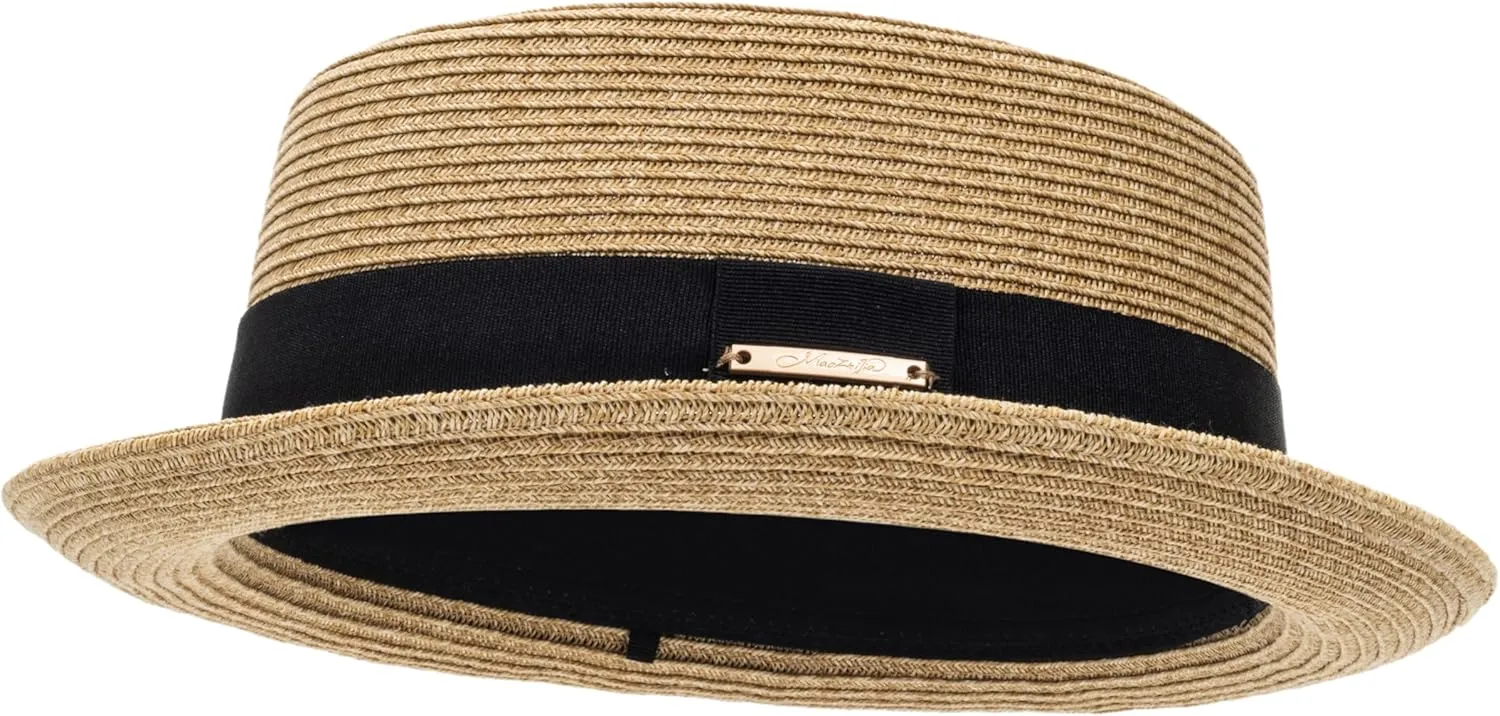 Pork-Pie-Hat-for-Men-Women Straw-Boater-Hat - Classic Boater Derby Sun Hats with Grosgrain Band