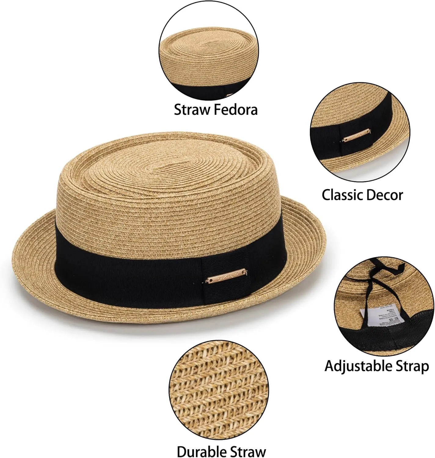 Pork-Pie-Hat-for-Men-Women Straw-Boater-Hat - Classic Boater Derby Sun Hats with Grosgrain Band