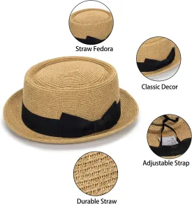 Pork-Pie-Hat-for-Men-Women Straw-Boater-Hat - Classic Boater Derby Sun Hats with Grosgrain Band