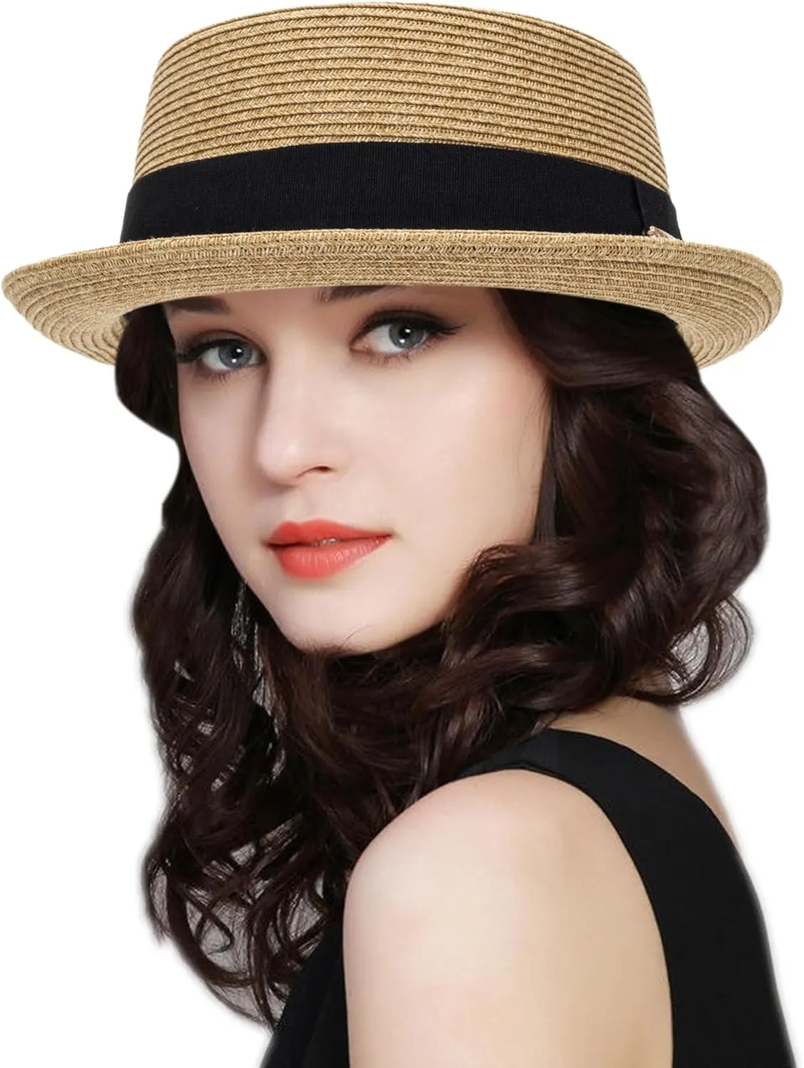 Pork-Pie-Hat-for-Men-Women Straw-Boater-Hat - Classic Boater Derby Sun Hats with Grosgrain Band
