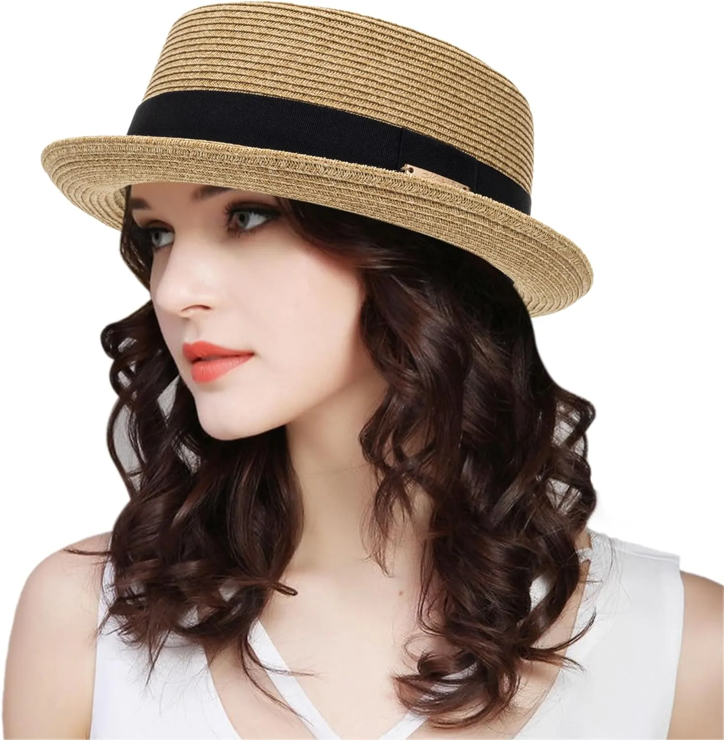 Pork-Pie-Hat-for-Men-Women Straw-Boater-Hat - Classic Boater Derby Sun Hats with Grosgrain Band