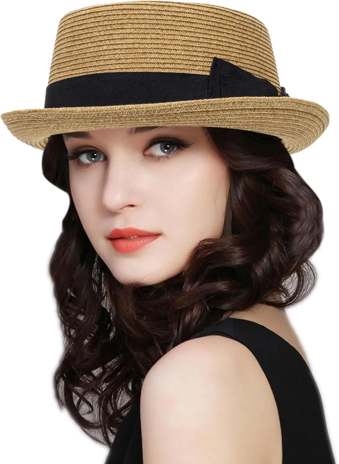 Pork-Pie-Hat-for-Men-Women Straw-Boater-Hat - Classic Boater Derby Sun Hats with Grosgrain Band