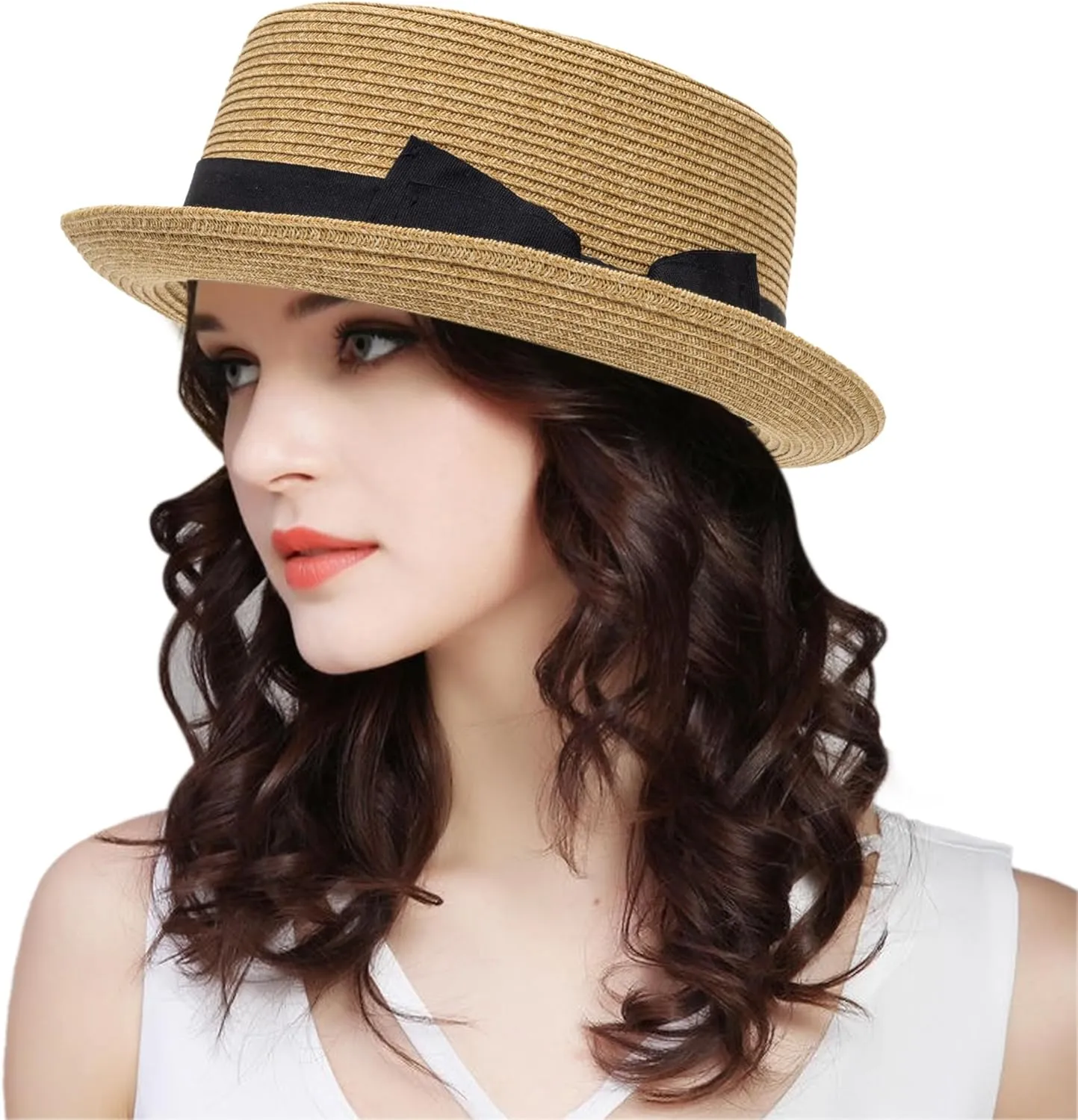 Pork-Pie-Hat-for-Men-Women Straw-Boater-Hat - Classic Boater Derby Sun Hats with Grosgrain Band