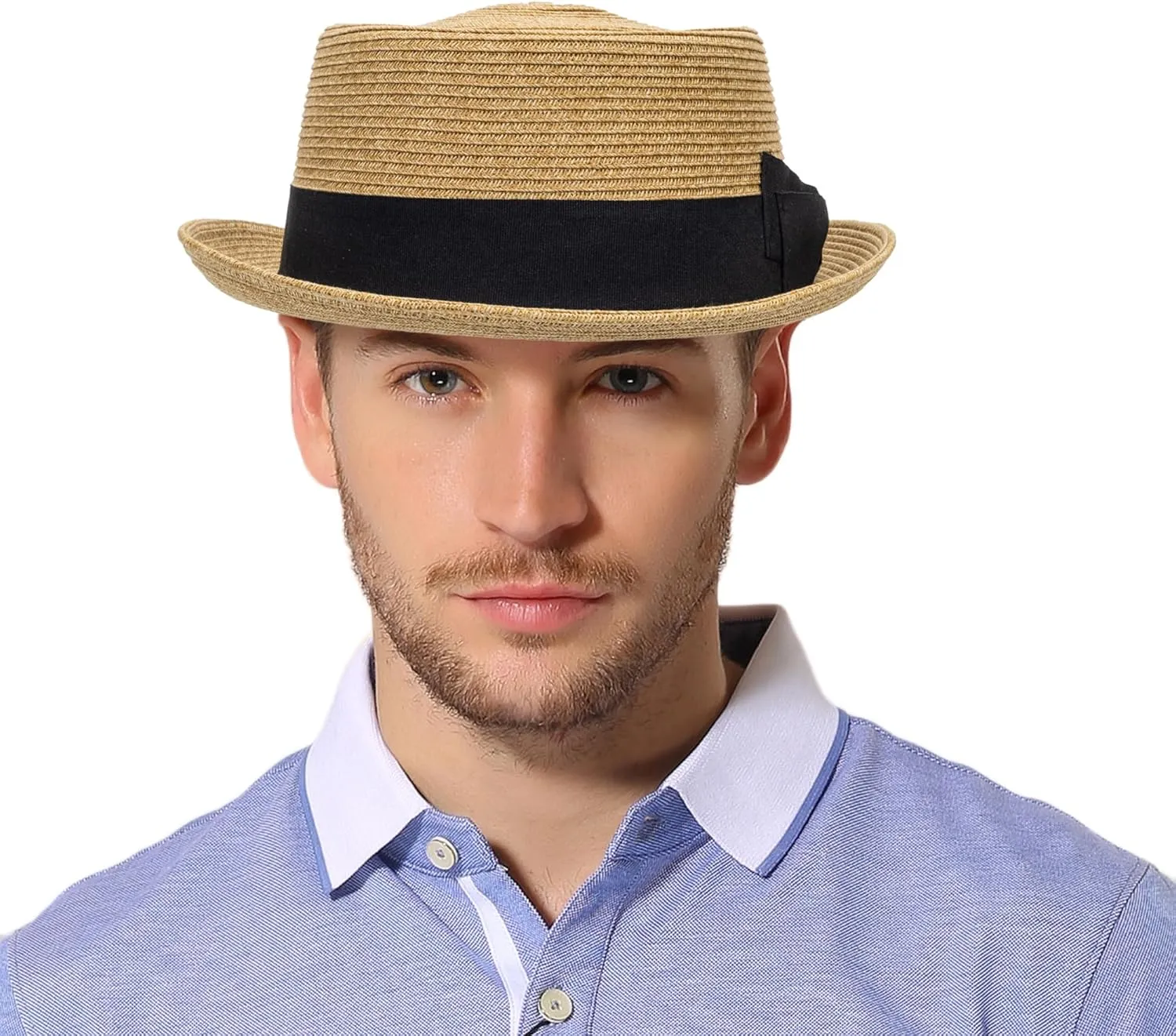 Pork-Pie-Hat-for-Men-Women Straw-Boater-Hat - Classic Boater Derby Sun Hats with Grosgrain Band