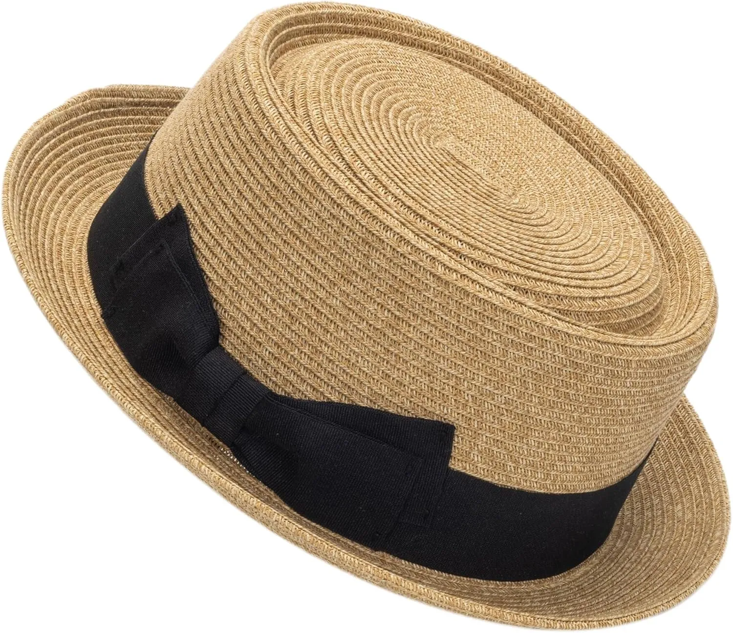 Pork-Pie-Hat-for-Men-Women Straw-Boater-Hat - Classic Boater Derby Sun Hats with Grosgrain Band