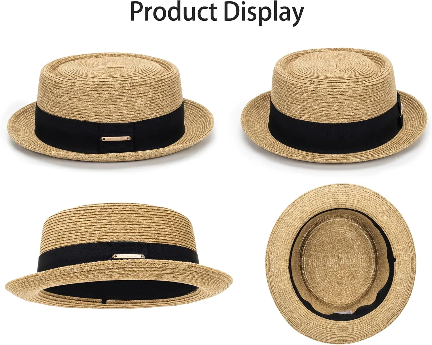 Pork-Pie-Hat-for-Men-Women Straw-Boater-Hat - Classic Boater Derby Sun Hats with Grosgrain Band