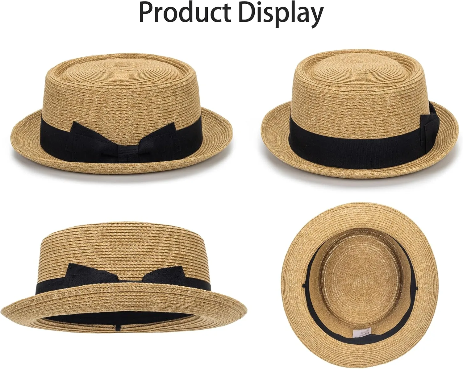 Pork-Pie-Hat-for-Men-Women Straw-Boater-Hat - Classic Boater Derby Sun Hats with Grosgrain Band