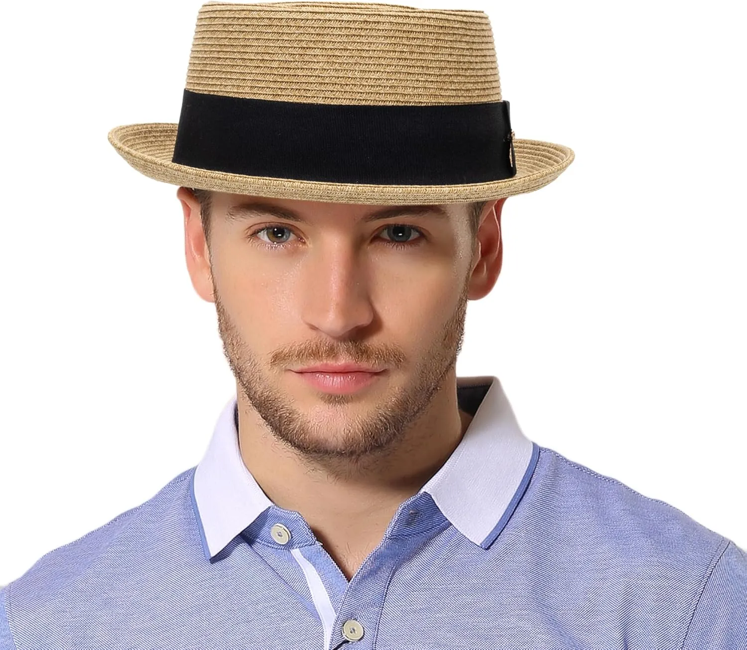 Pork-Pie-Hat-for-Men-Women Straw-Boater-Hat - Classic Boater Derby Sun Hats with Grosgrain Band