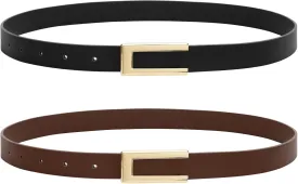 SANSTHS 2 Pack Skinny Leather Belts for Women, Ladies Thin Waist Belt for Dresses Jeans Pants with Gold Buckle