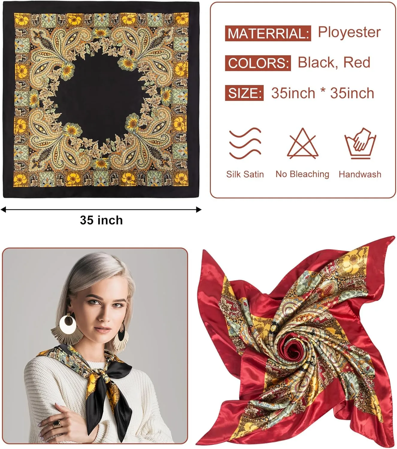Senker Fashion 35" Head Scarf for Women, Pirate Costume Accessories Silk Red Bandana for Hair Wrapping and Sleeping