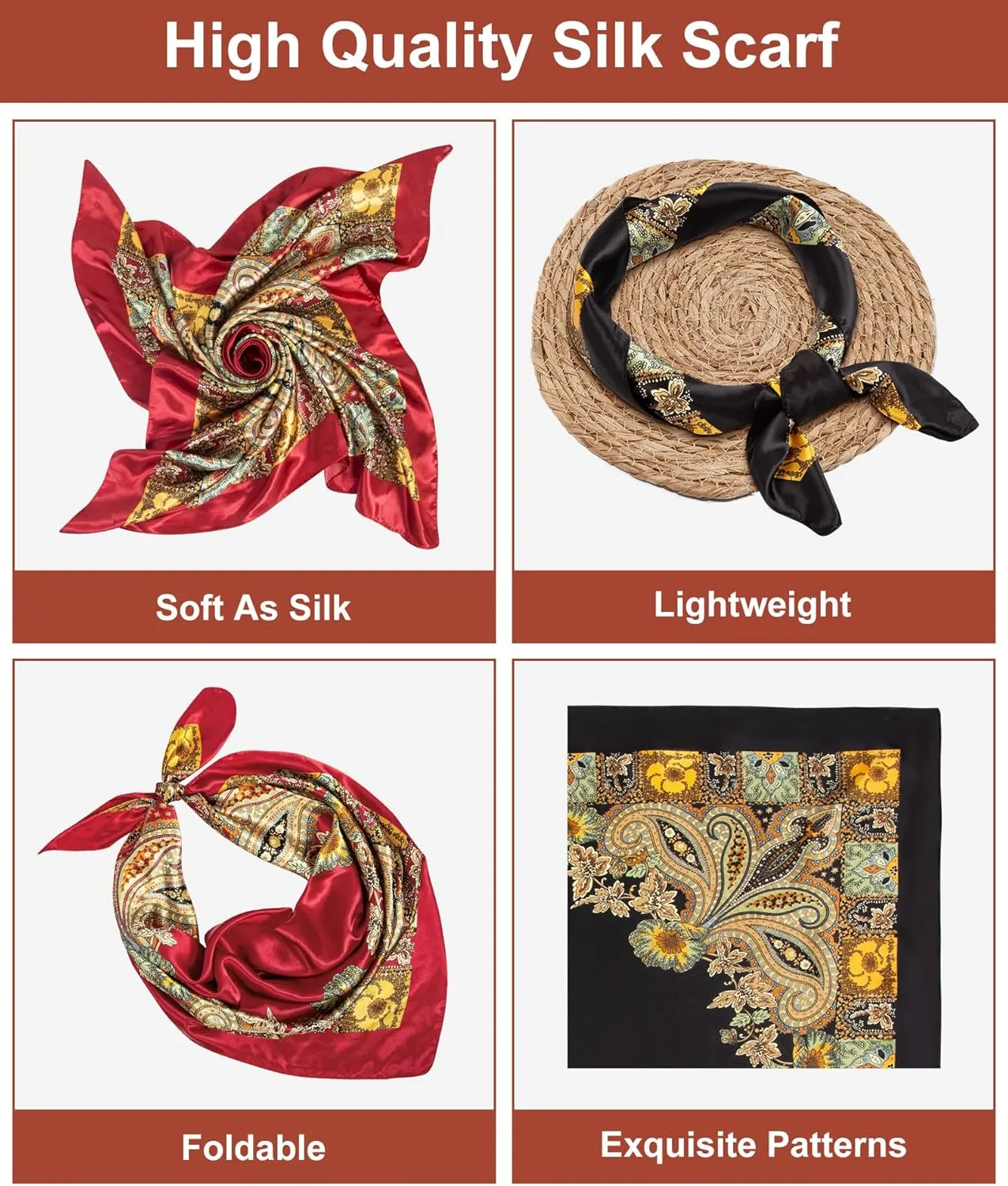Senker Fashion 35" Head Scarf for Women, Pirate Costume Accessories Silk Red Bandana for Hair Wrapping and Sleeping