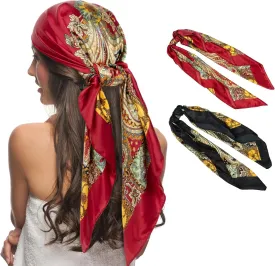 Senker Fashion 35" Head Scarf for Women, Pirate Costume Accessories Silk Red Bandana for Hair Wrapping and Sleeping