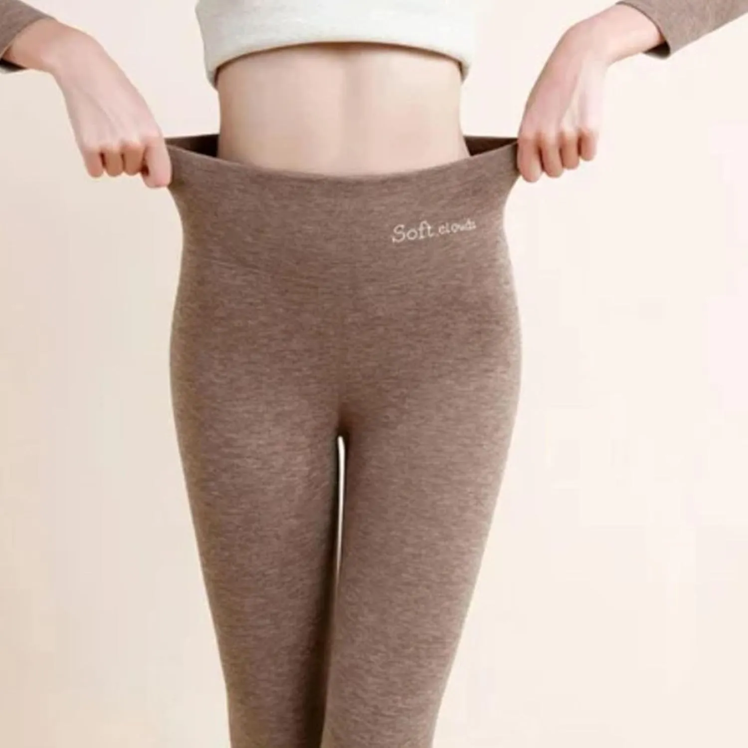 Soft Clouds Fleece Leggings for Women Casual Warm Winter Solid Pants Thermal Tights High Waist Yoga Pants