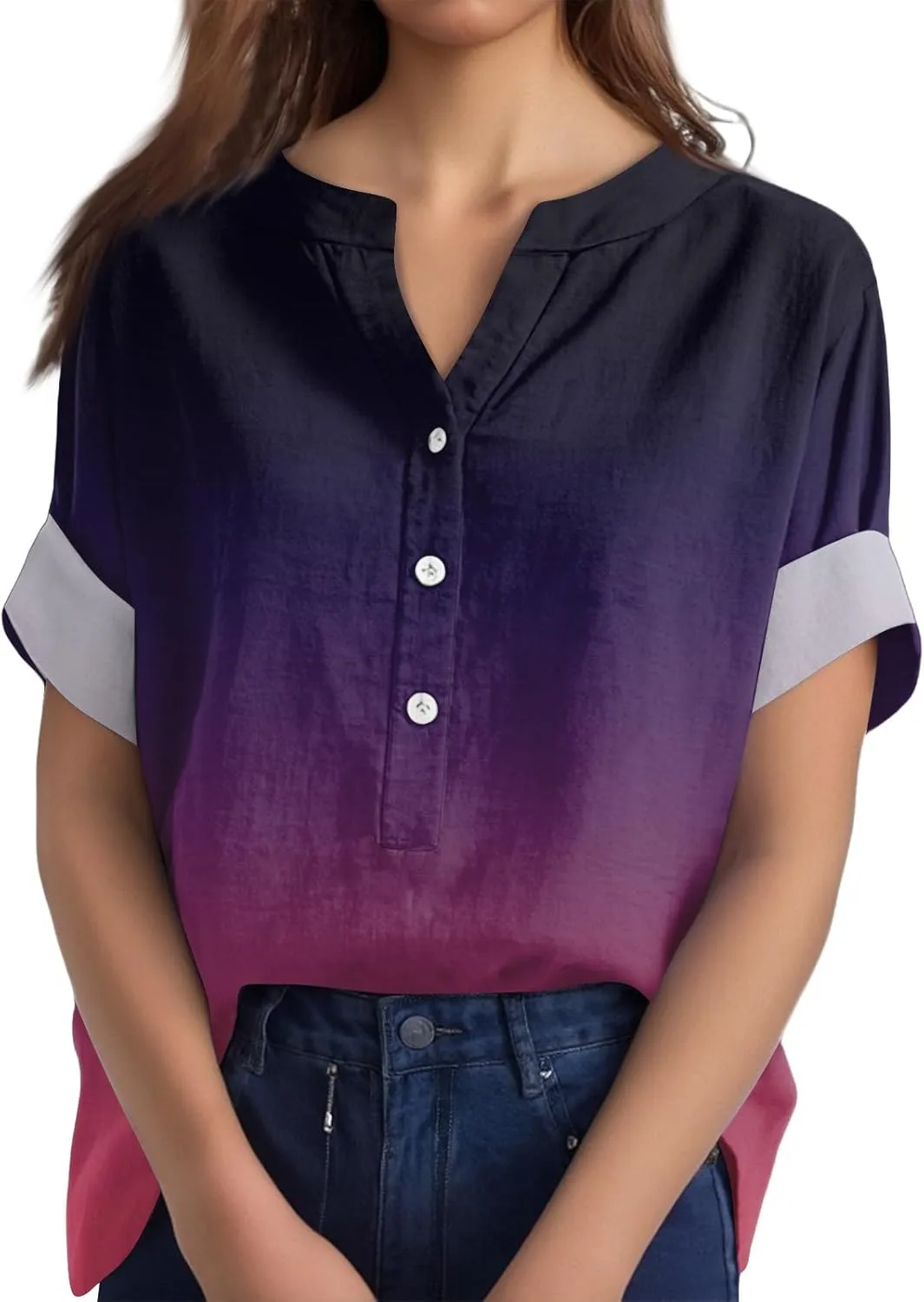 Summer Tops for Women Cotton Linen Button Down Shirts Henley Neck Short Sleeve Loose Casual Lightweight Tunic Blouses