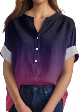 Summer Tops for Women Cotton Linen Button Down Shirts Henley Neck Short Sleeve Loose Casual Lightweight Tunic Blouses