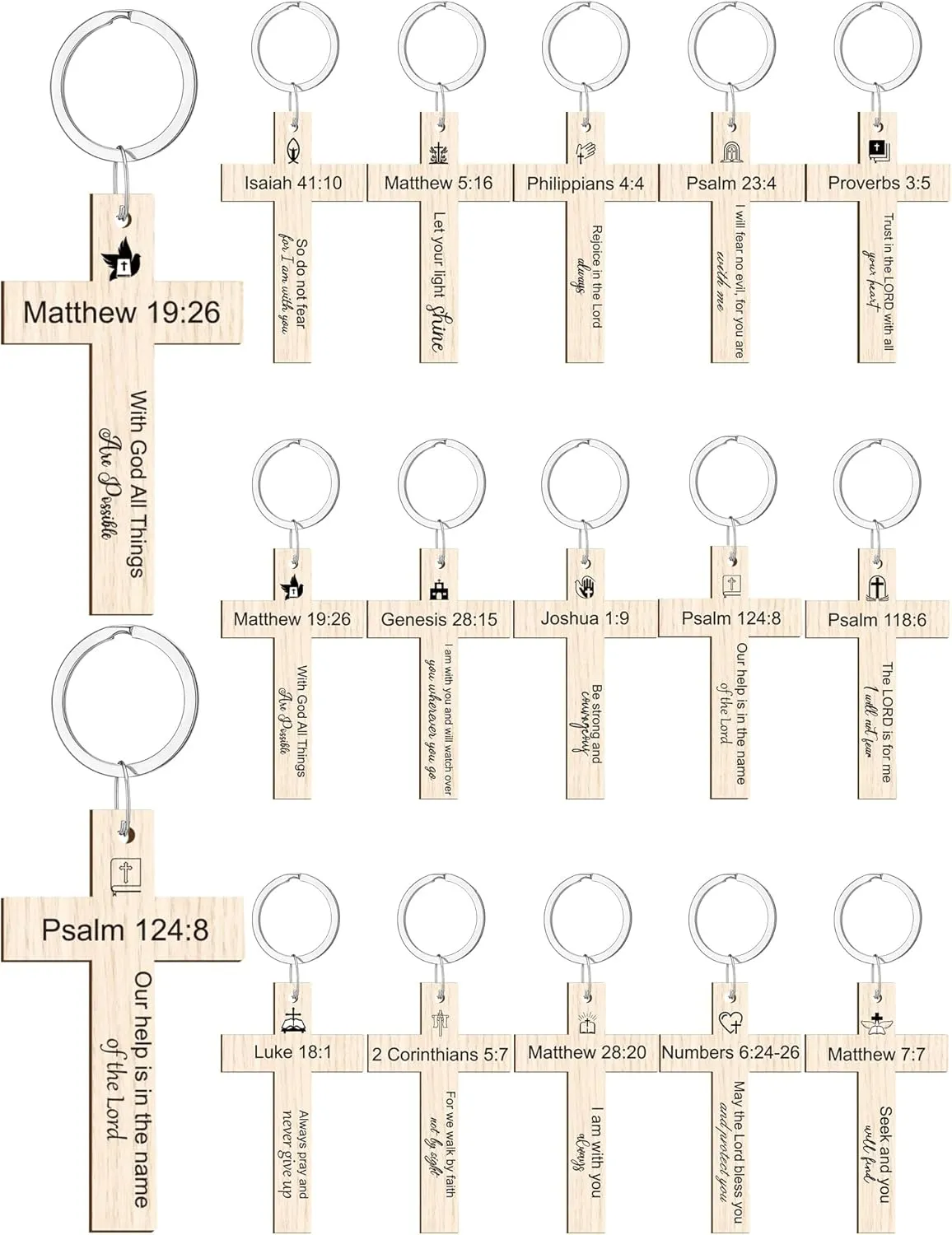 Sureio 105 Pcs Father's Day Church Gift Bulk Cross Keychain Bible Christian Verse Keychains Blessed Dad 15 Styles Bible Verse Wooden Keychain Religious Inspirational Gifts