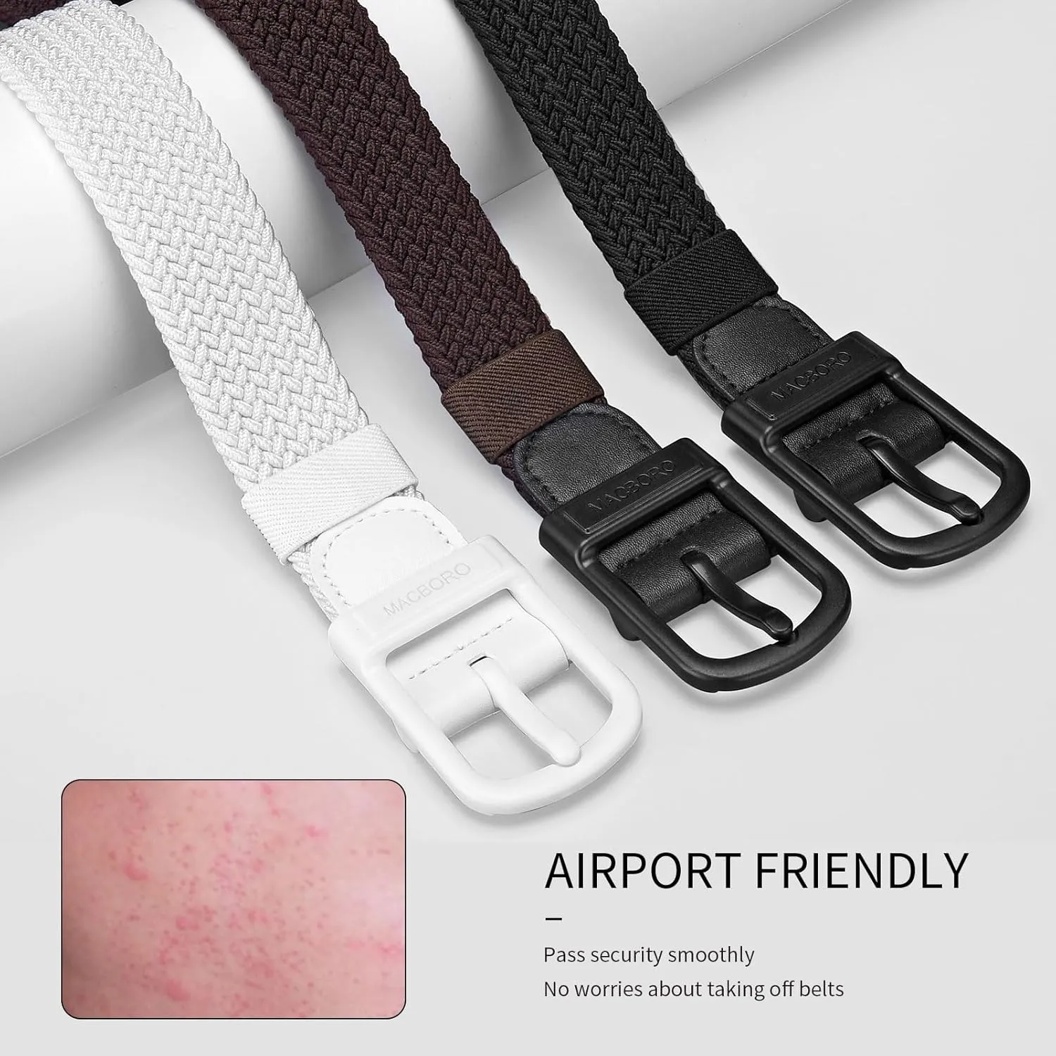 Tsa Approved Hypoallergenic Nickel Free Non Metal Belt for Men Elastic Stretch Braided Golf Accessories Belt