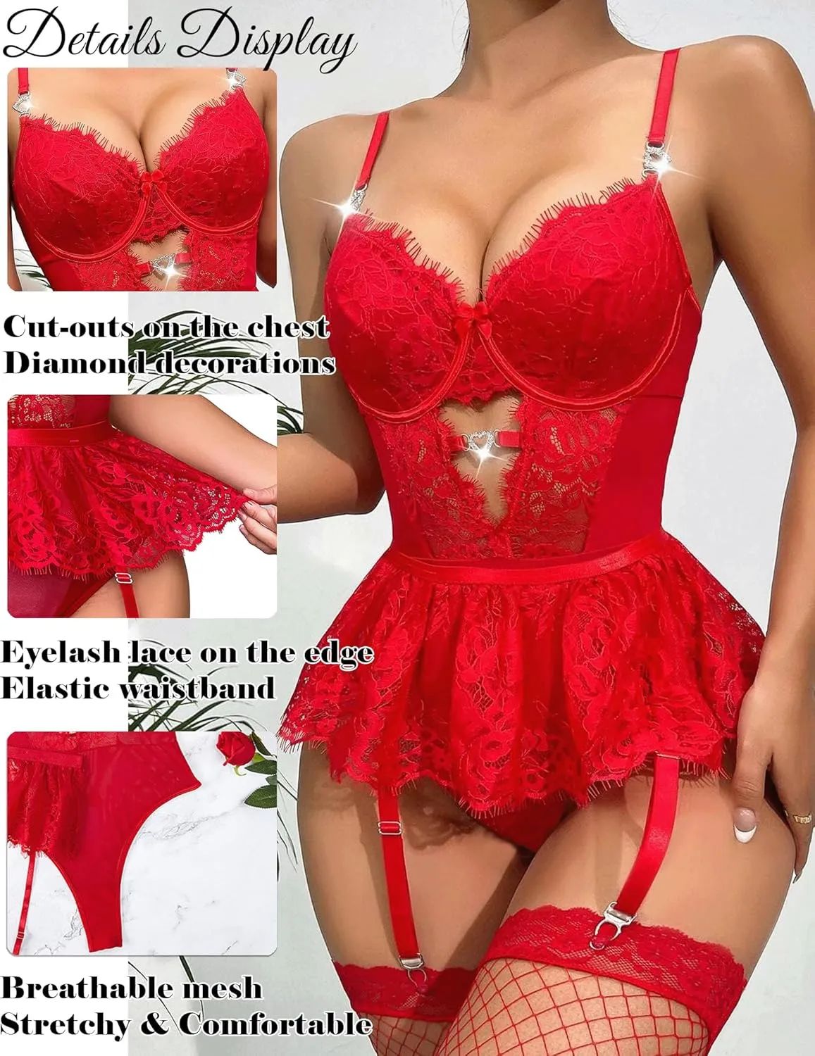 Women Lingerie Set Naughty Lace Bodysuit High Waisted Underwire Lingerie Babydoll With Garter Belt and Stockings
