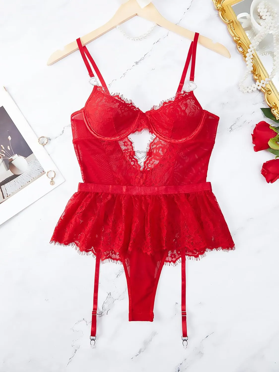 Women Lingerie Set Naughty Lace Bodysuit High Waisted Underwire Lingerie Babydoll With Garter Belt and Stockings