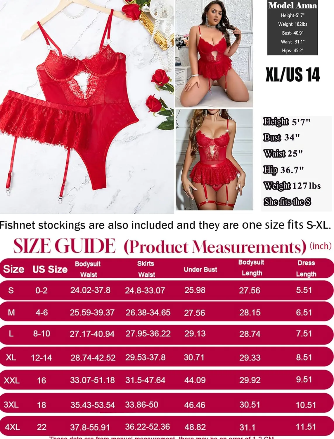Women Lingerie Set Naughty Lace Bodysuit High Waisted Underwire Lingerie Babydoll With Garter Belt and Stockings