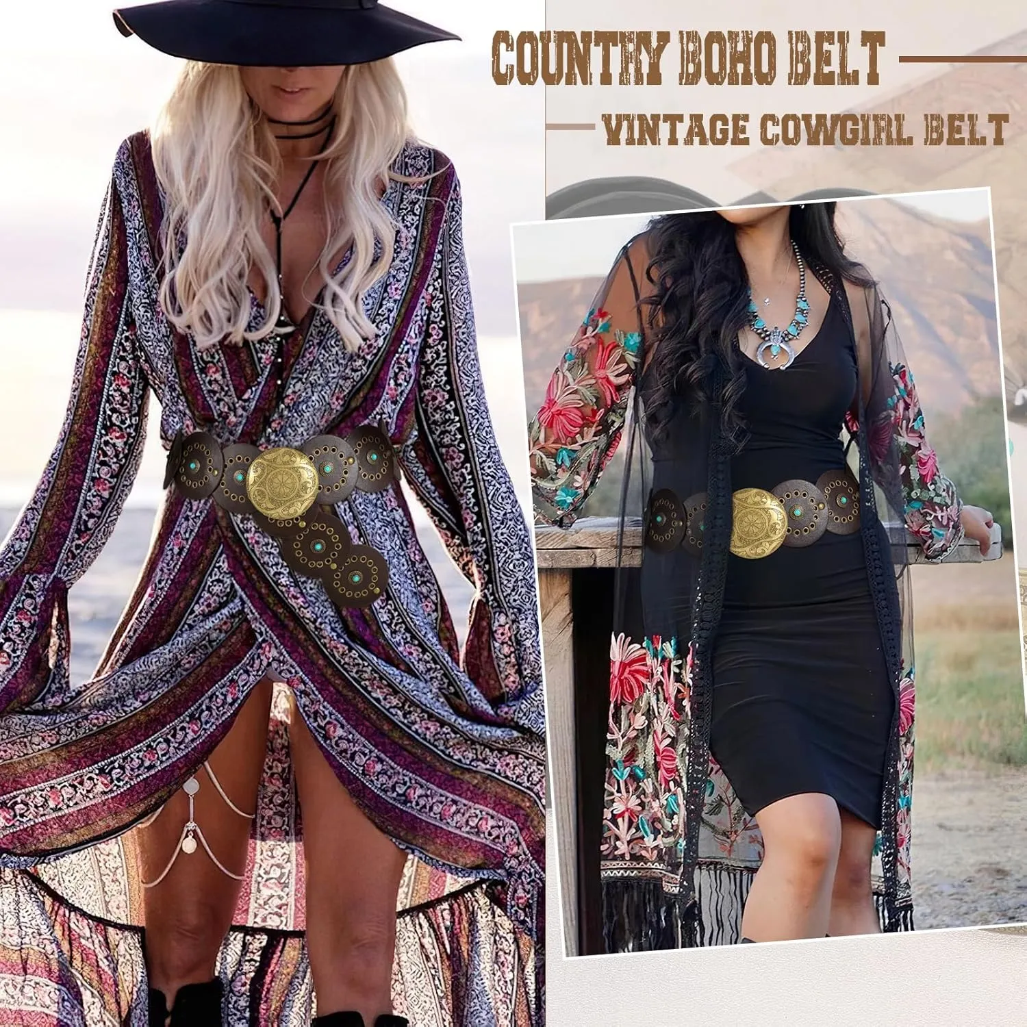 XZQTIVE Western PU Leather Belts for Woman Concho Cowgirl Cowboy Disc Belt for Ladies Wide Boho Country Waist Belts for Dress