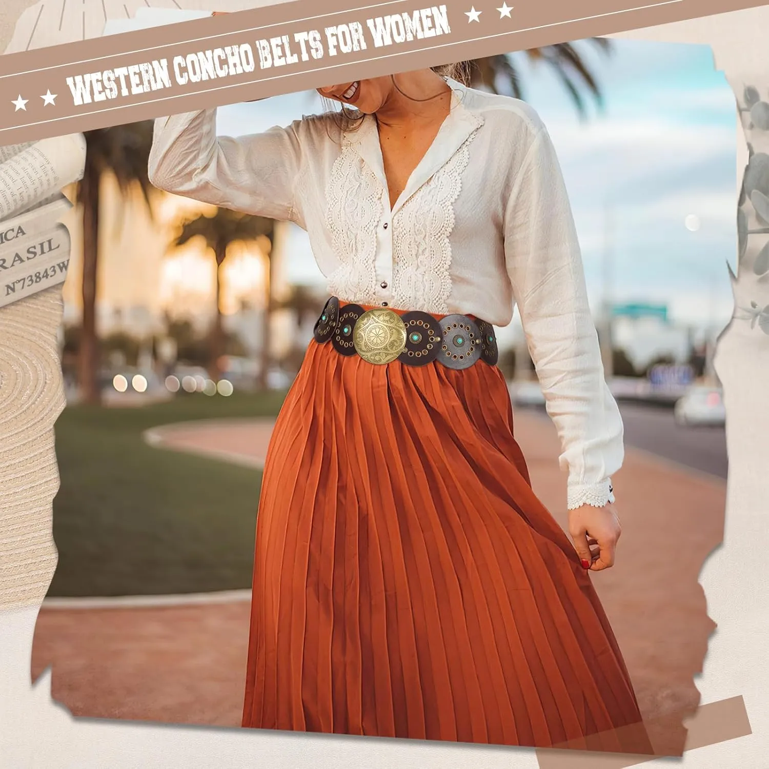 XZQTIVE Western PU Leather Belts for Woman Concho Cowgirl Cowboy Disc Belt for Ladies Wide Boho Country Waist Belts for Dress