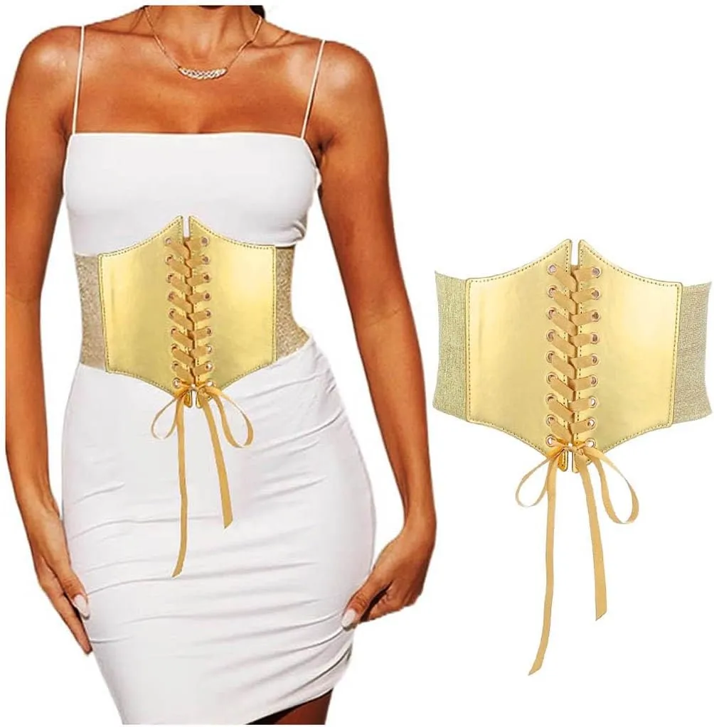 Yalice Womens Wide Belt Gold Corset Belts Elastic Waist Belt for Dresses Renaissance Costume Cinch Belt for Lady
